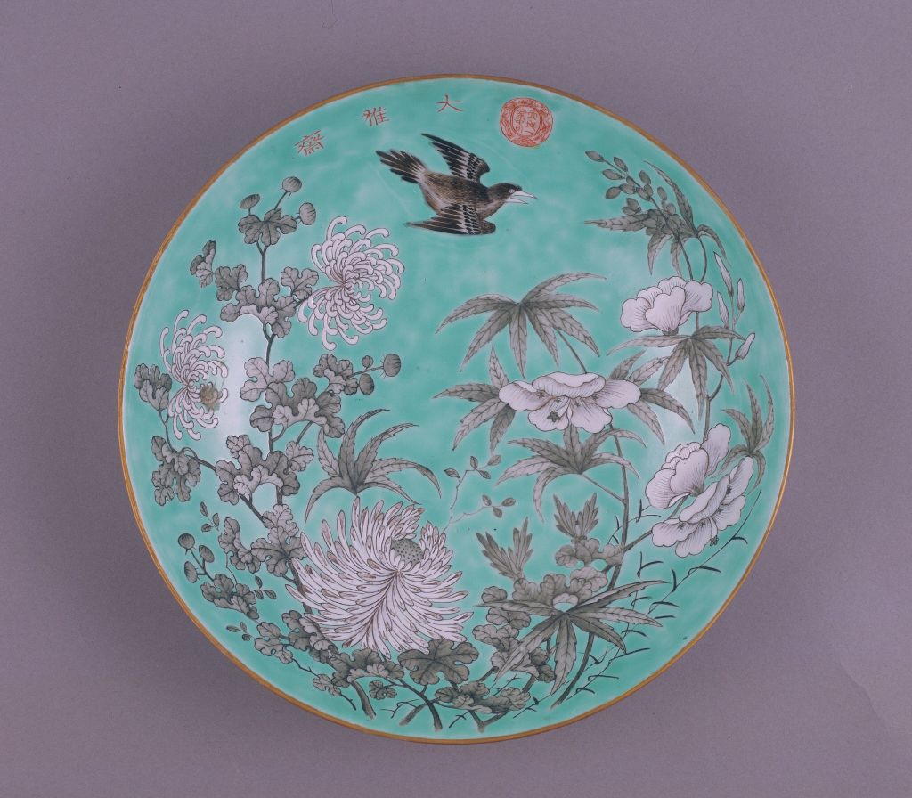 图片[2]-Green ink color flower-and-bird pattern plate-China Archive